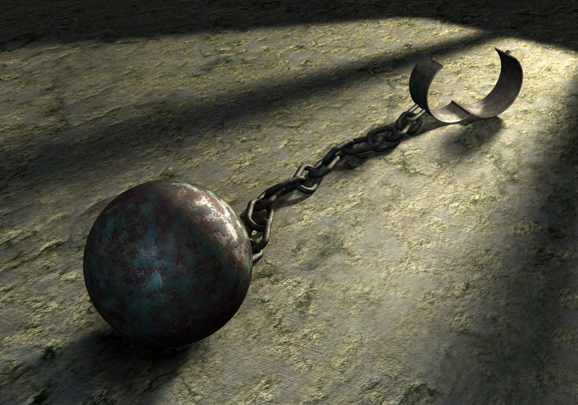 Steel ball and chain in a prison cell. Digital illustration.